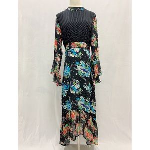 Rixo Black Floral Long Sleeve Silk Midi Dress Size S